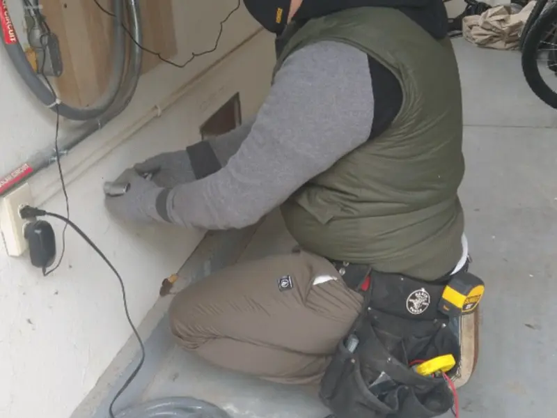 Electrician performing outlet wiring in a East Cleveland garage